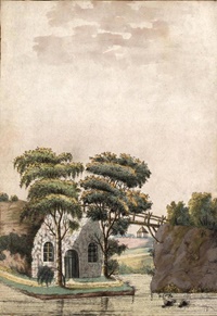 Blick auf eine Grotte, Nr. 13 im Plan des Gartens. Im Hintergrund sieht man ein offenes Borkenhaus.
Stich vermutlich von P. Haas (um 1790)
