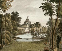 Die Pyramide im Park Garzau. Rechts vom Bildzentrum führt eine bogenförmige Brücke zu einer kleinen Insel. Dahinter liegt die Insel mit der Gedenkurne für die Mutter des Grafen. 
Kolorierter Stich, Künstler unbekannt (um 1790)