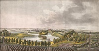 Blick vom Pyramidenhügel  über den Kleinen Haussee mit Inselgruppe zum Herrenhaus.
Kolorierter Stich von C. B. Schwarz nach einer Zeichnung von F. Genelly (um 1790)